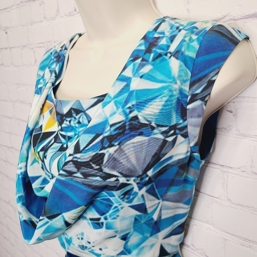 Magaschoni New York Blue Geometric Diamond Print 100% Silk Cowl Neck Dress 2 - Picture 3 of 9
